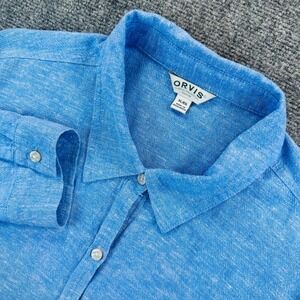 Orvis Women's XL Heathered Blue Linen Blend Button Up Shirt Roll Tab Sleeve